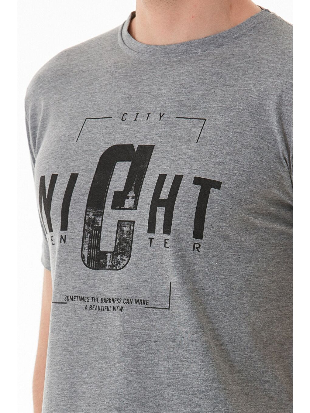 Gri Night Yazı Baskılı Bisiklet Yaka Tişört-4