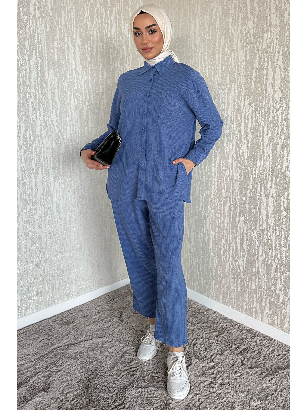 İndigo Gömlek Pantolon Bürümcük Tesettür İkili Takım-3