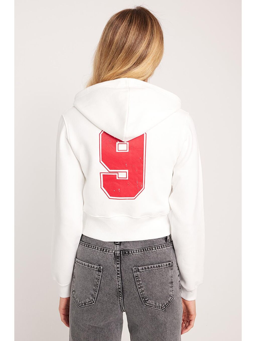 Kadın Slim Fit Dar Kesim Pamuklu Kapüşonlu Baskılı Ekru Hırka-5