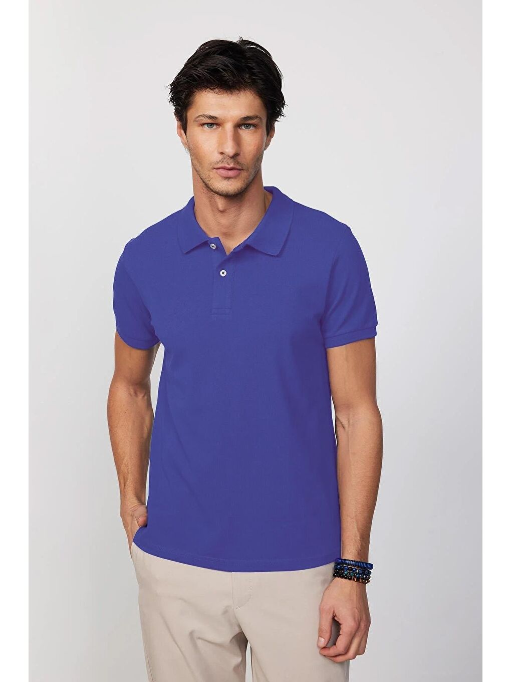 Erkek Slim Fit Dar Kesim %100 Pamuk Koyu Mavi Polo Yaka Tişört-3