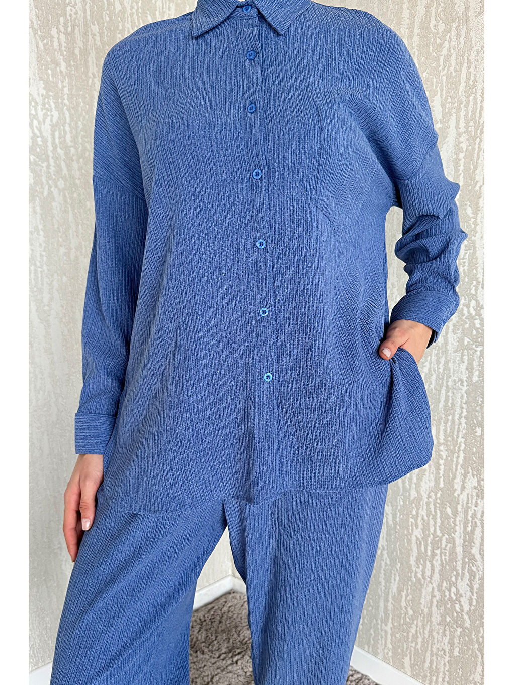 İndigo Gömlek Pantolon Bürümcük Tesettür İkili Takım-4