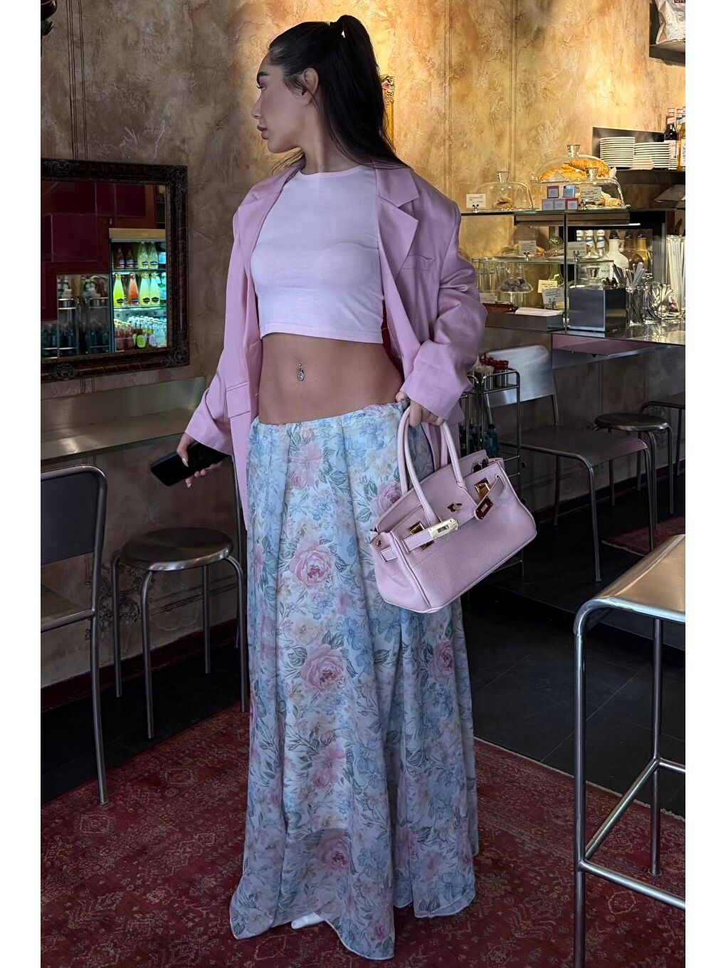 Ekru Çiçek Desenli Vintage Şifon Maxi Etek Mg2776-7