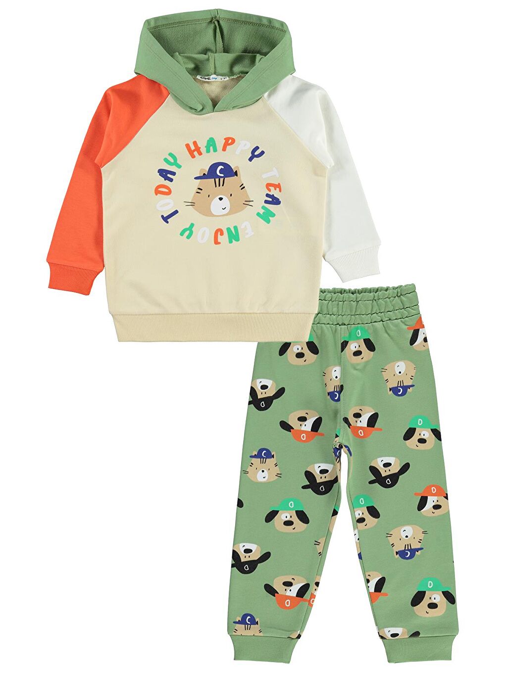 Boys Kapüşonlu Şapkalı Ayıcık Baskılı 2-5 Yaş Eşofman Takımı - Haki 2-3 Yaş