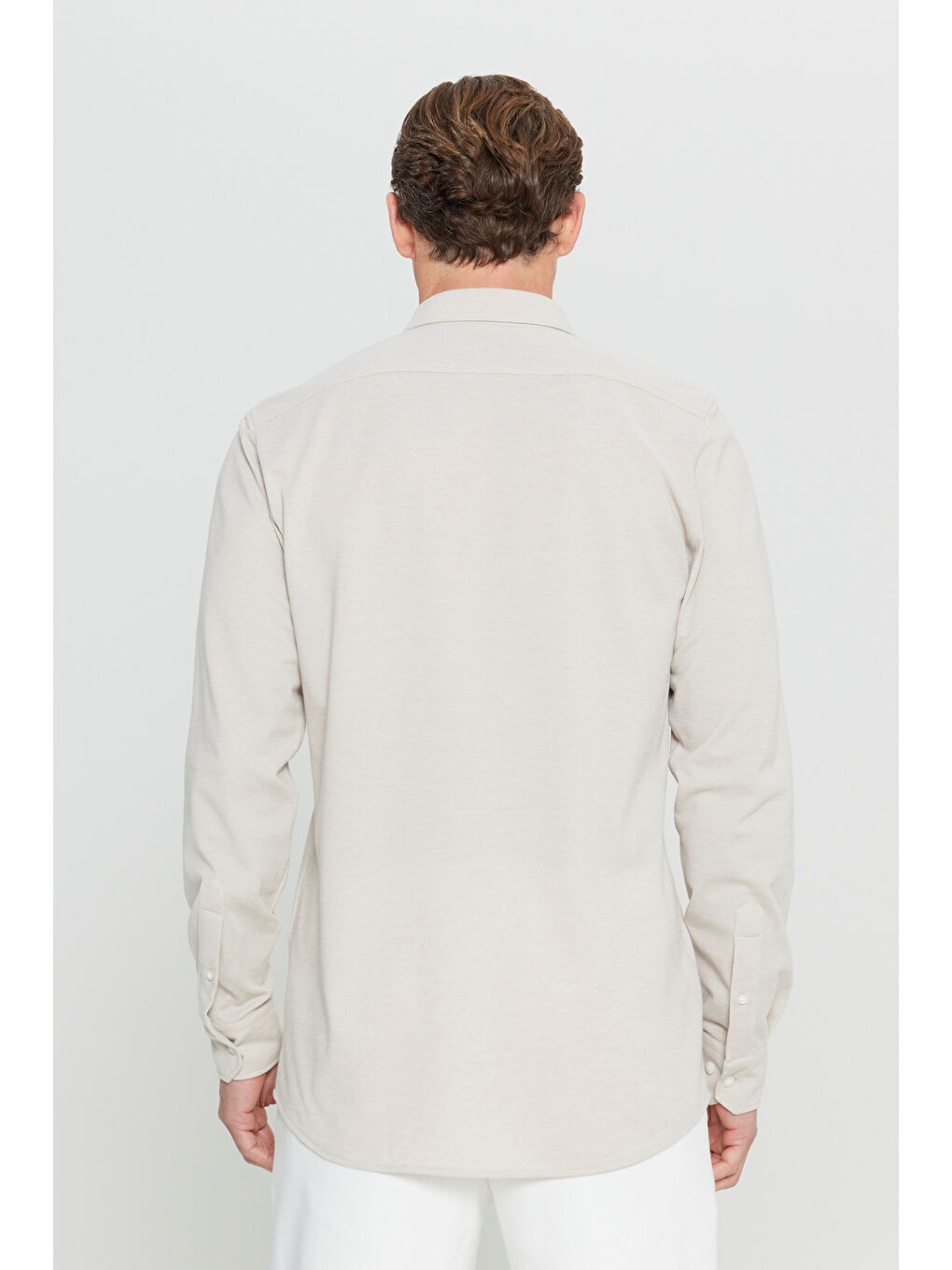 Erkek Bej 360 Her Yöne Esneyen Pamuklu Dar Kesim Düğmeli Yaka Örme Gömlek-5