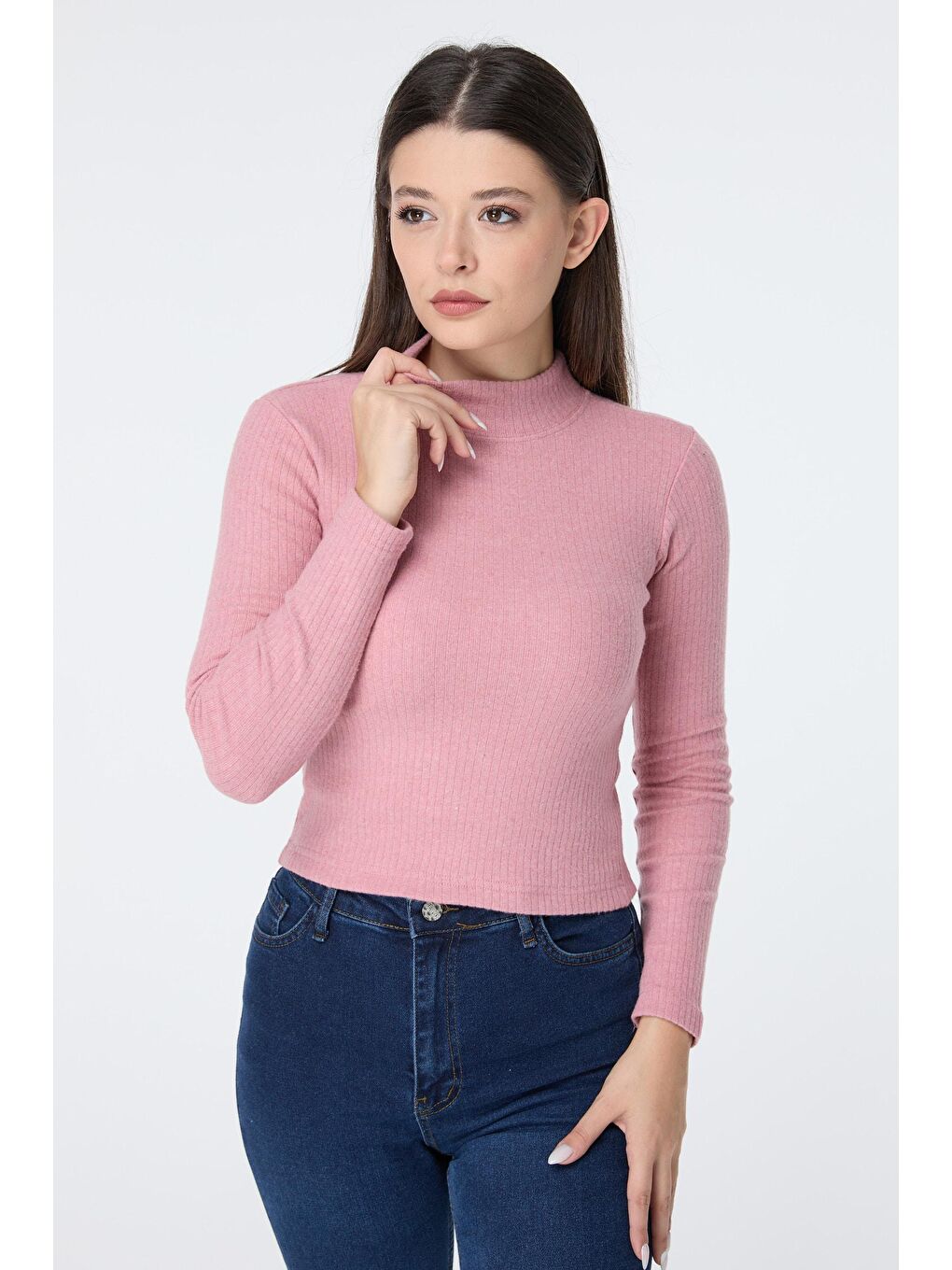 Yarım Balıkçı Yaka Kadın Pembe Crop - 23135-1