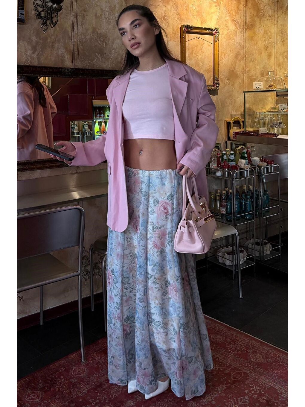 Ekru Çiçek Desenli Vintage Şifon Maxi Etek Mg2776-8