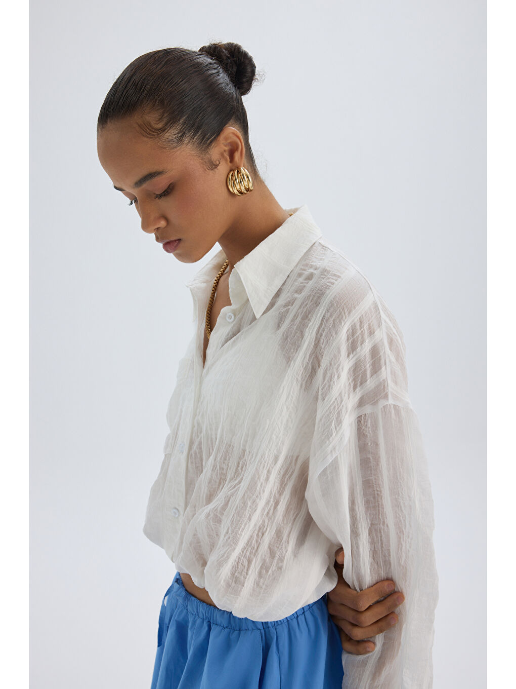 Claps İnce Ekru Kısa Gömlek-6