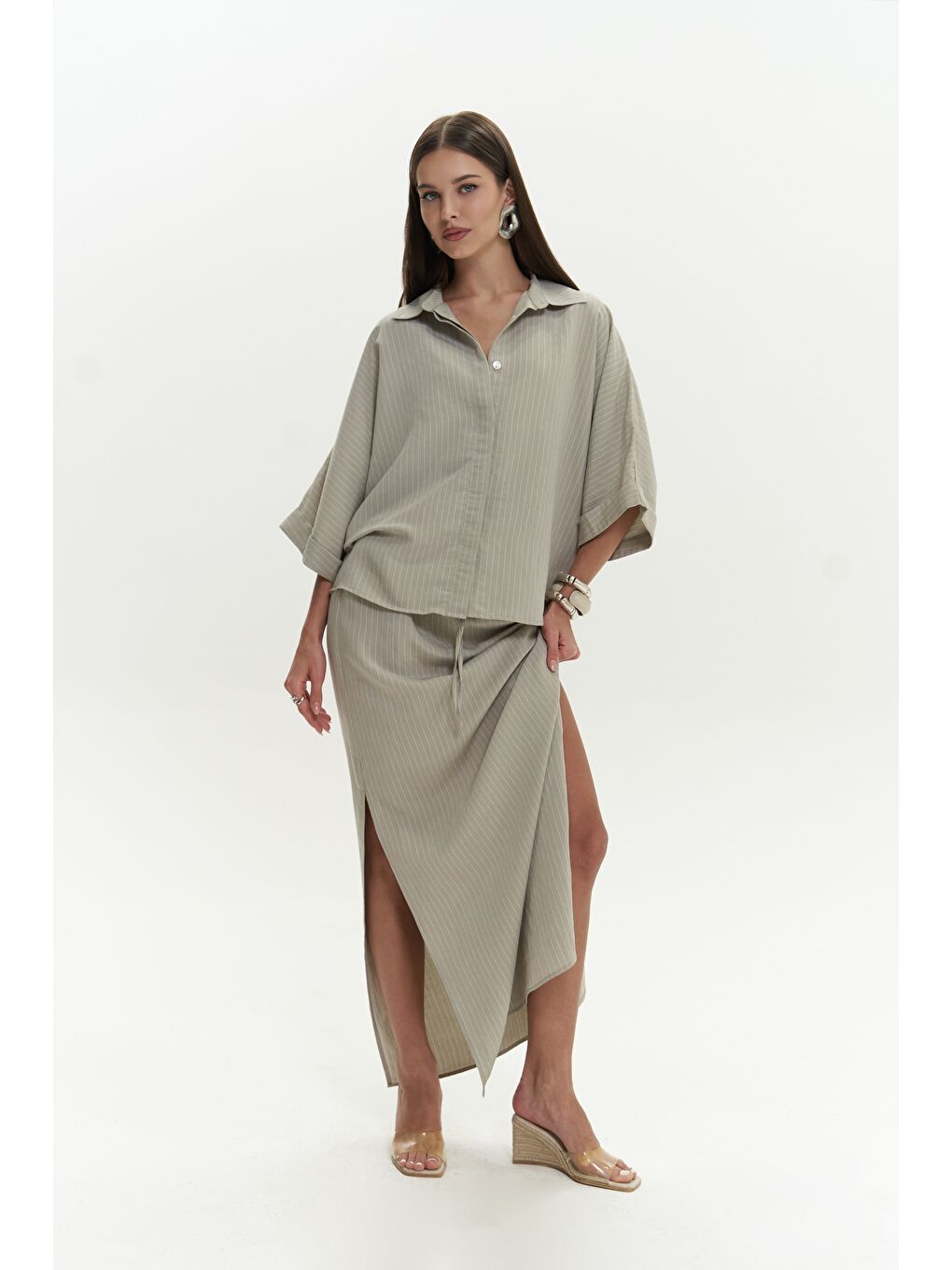 Dina Çizgili Gömlek Etek Soft Haki Takım