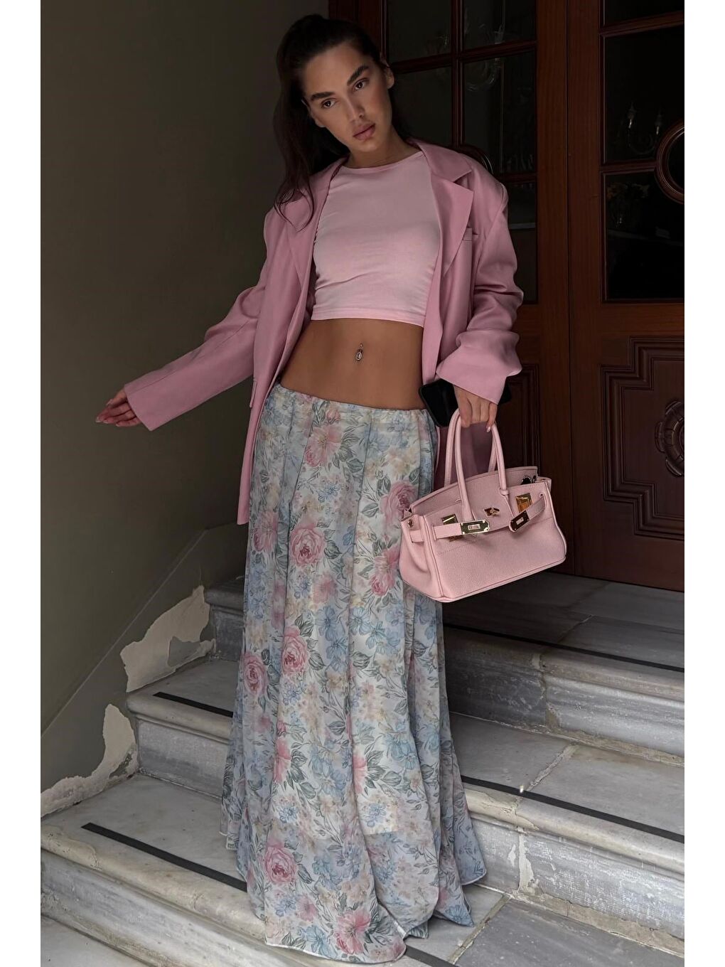 Ekru Çiçek Desenli Vintage Şifon Maxi Etek Mg2776-9