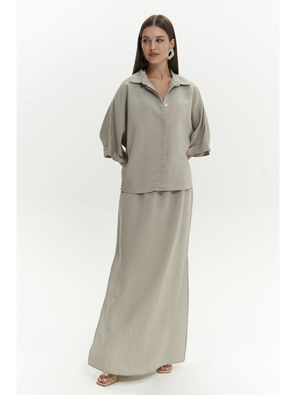 Dina Çizgili Gömlek Etek Soft Haki Takım-1