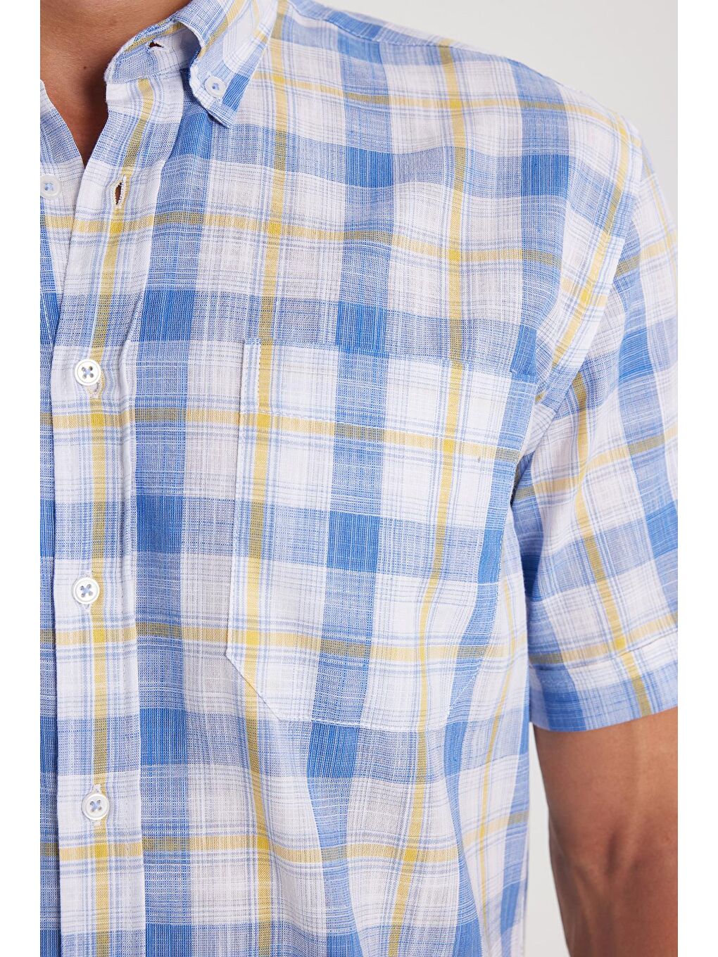 Karışık Erkek Regular Fit Klasik Kesim %100 Pamuk Keten Doku Cepli Kareli Kısa Kollu Düğmeli Yaka Gömlek-2