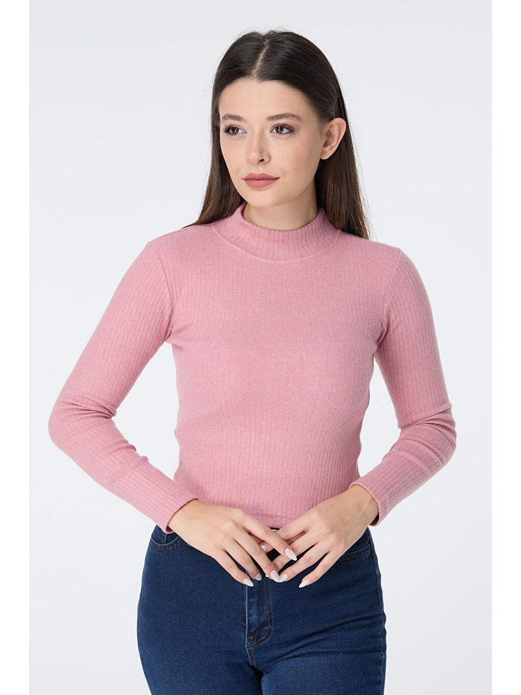 Yarım Balıkçı Yaka Kadın Pembe Crop - 23135-2