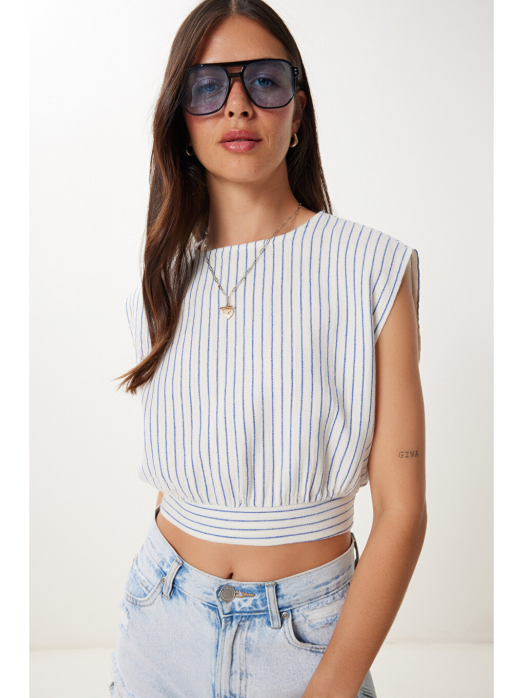 Ekru Çizgili Müslin Crop Bluz EKRU MAVİ HGP0001-2