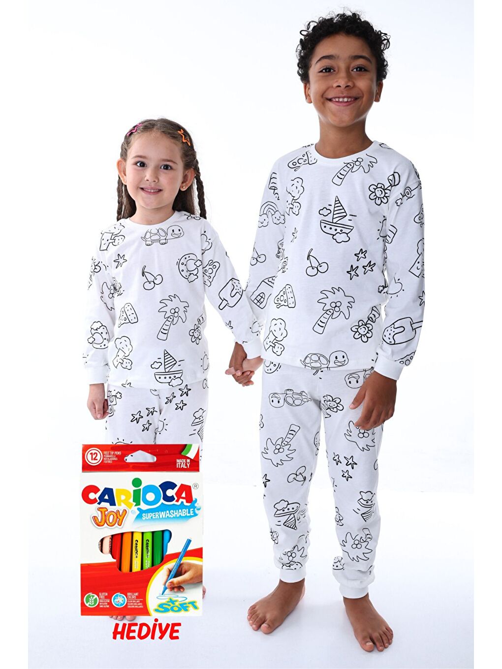 Beyaz En Sevimli Figürler Özel Kalemi ile BOYANABİLİR Çocuk Pijama Takımı ( 12'li Kalem Seti Hediye )-1
