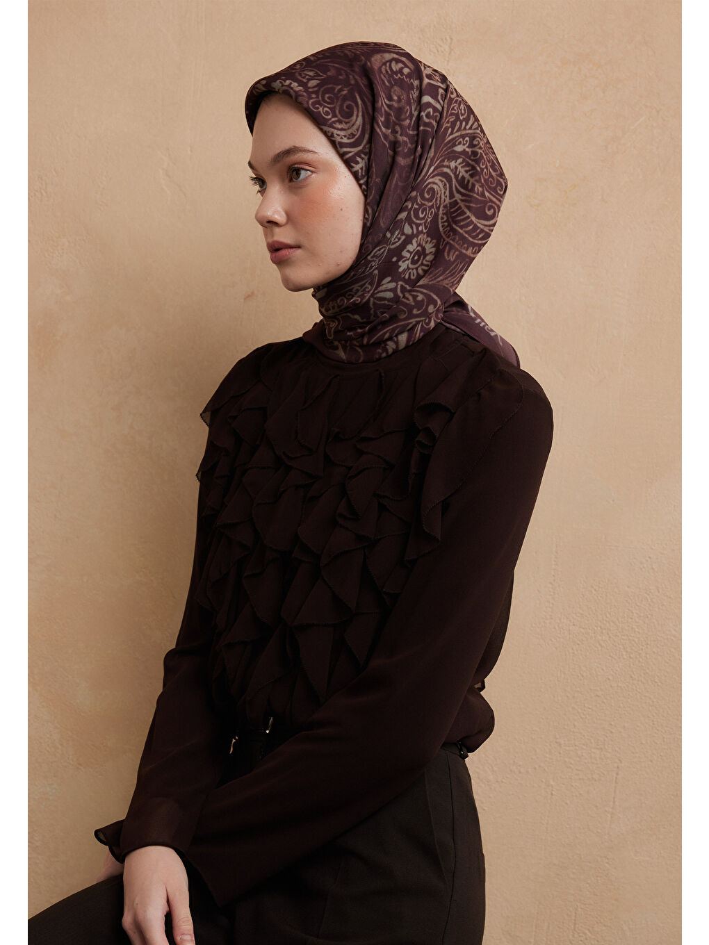 Mürdüm Fressıa Desen Pamuk İpek Eşarp Erik Çürüğü