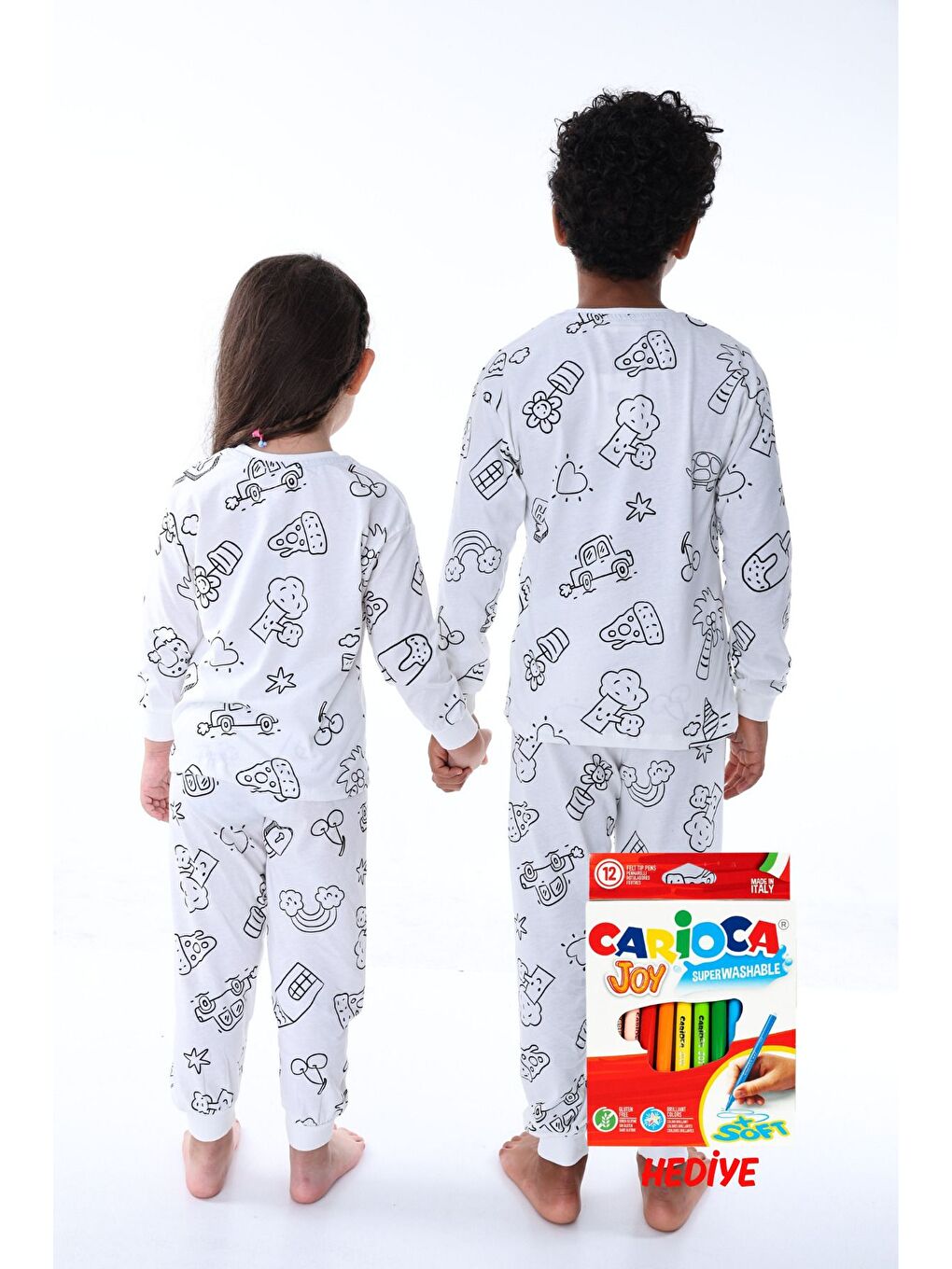 Beyaz En Sevimli Figürler Özel Kalemi ile BOYANABİLİR Çocuk Pijama Takımı ( 12'li Kalem Seti Hediye )-2