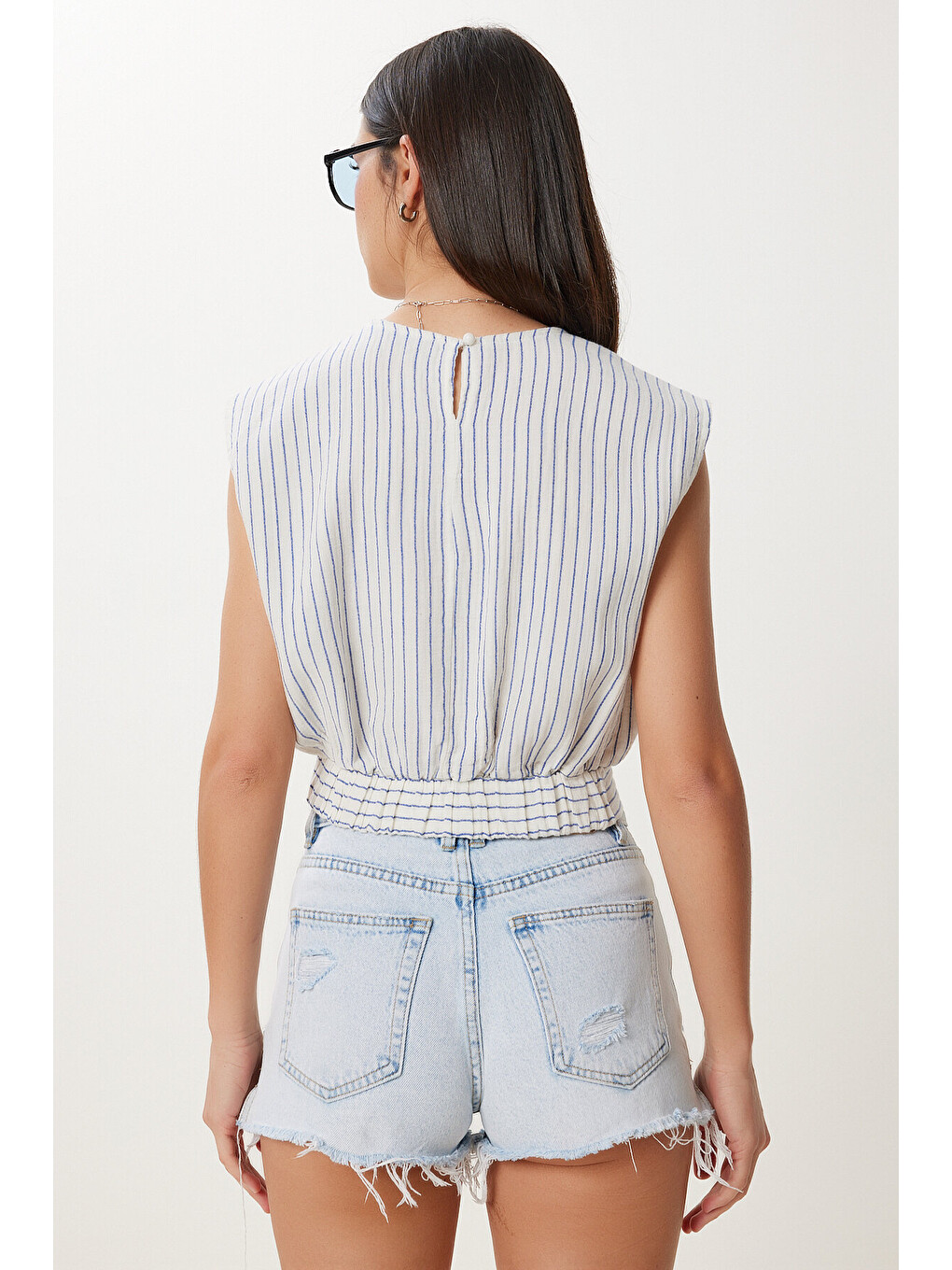 Ekru Çizgili Müslin Crop Bluz EKRU MAVİ HGP0001-4