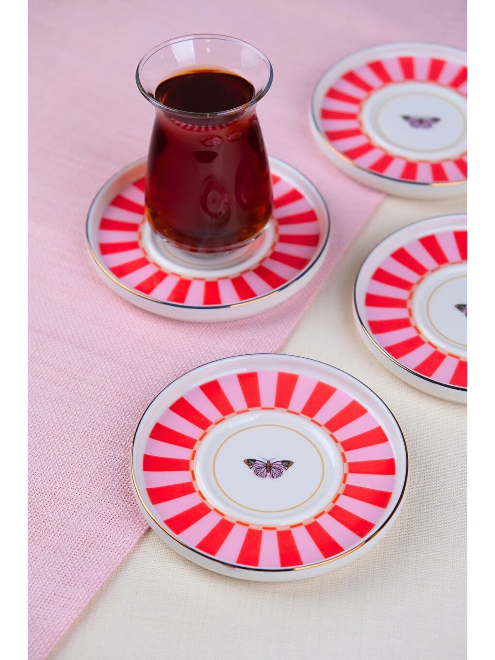 Karışık Porselen Butterfly Collection Altın Yaldızlı Çay Tabağı 11,8cm Kırmızı 4 lü-1