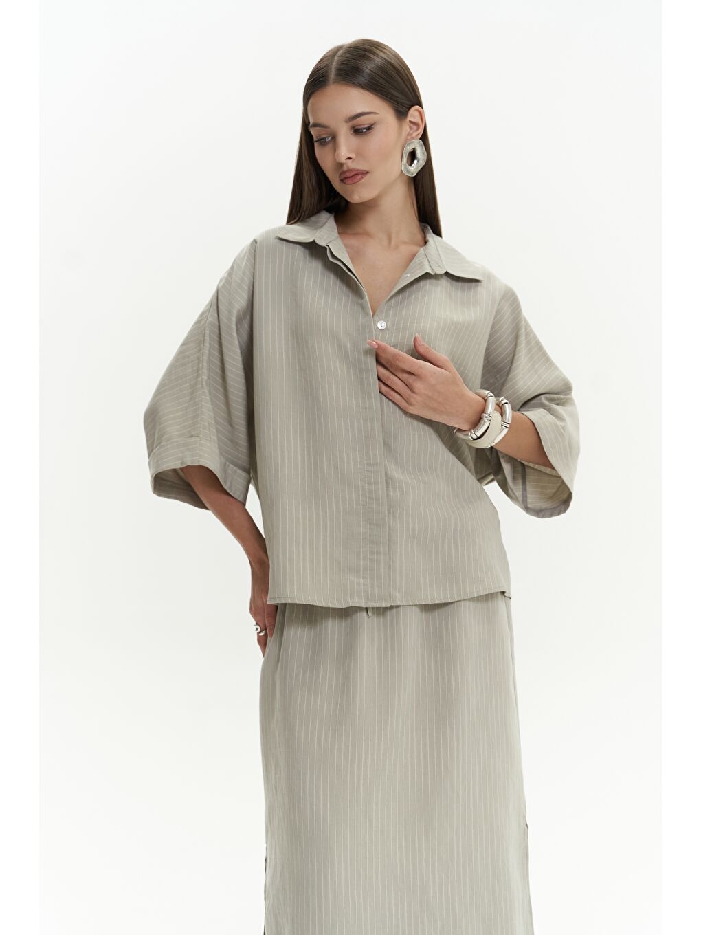 Dina Çizgili Gömlek Etek Soft Haki Takım-3