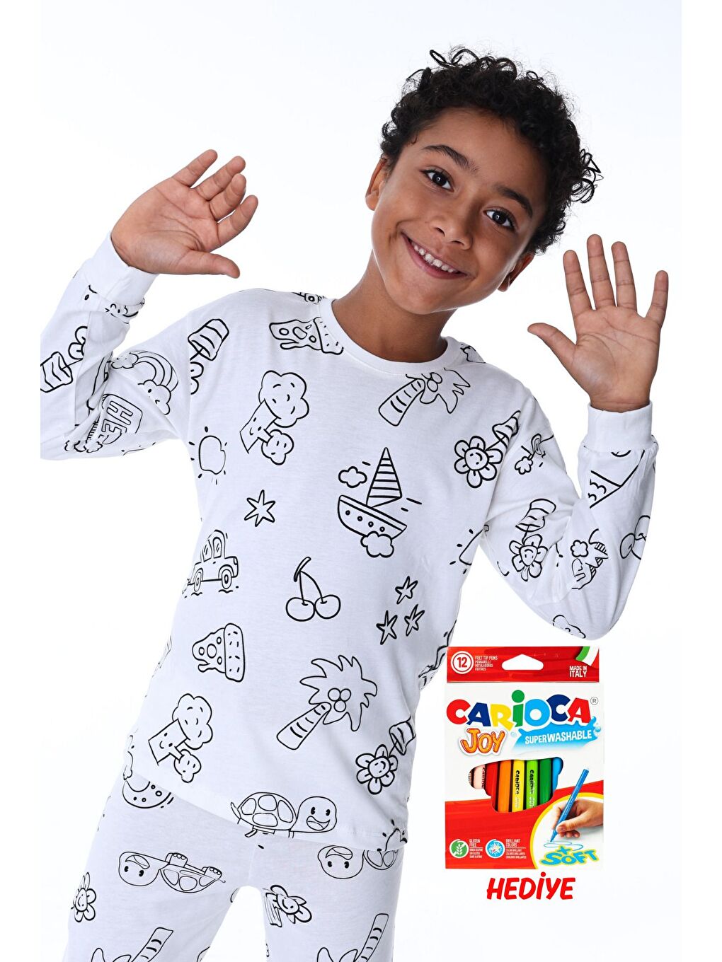 Beyaz En Sevimli Figürler Özel Kalemi ile BOYANABİLİR Çocuk Pijama Takımı ( 12'li Kalem Seti Hediye )-4