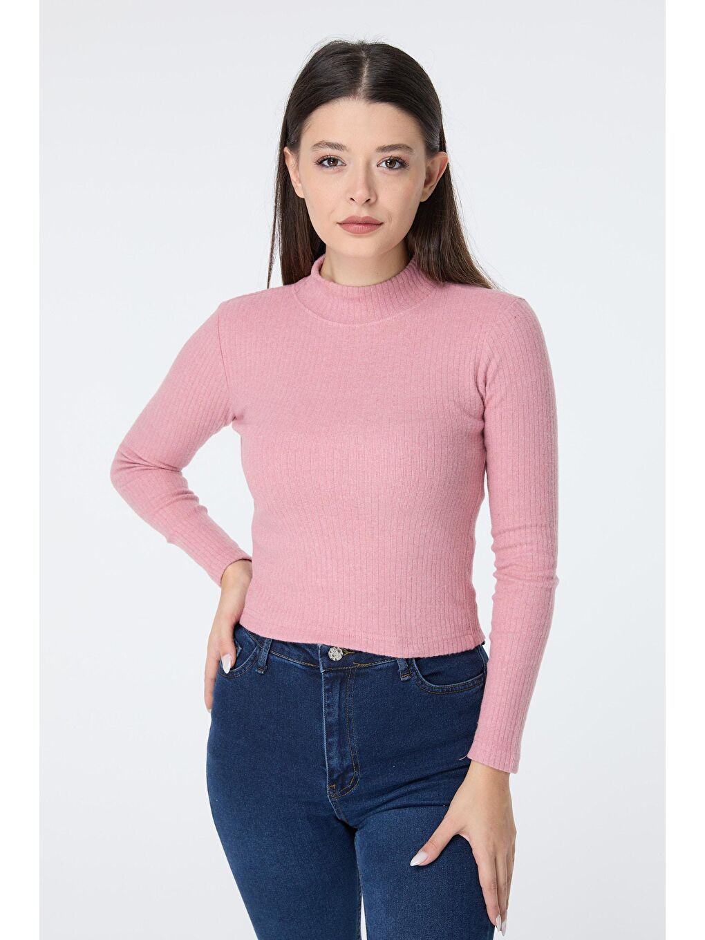 Yarım Balıkçı Yaka Kadın Pembe Crop - 23135-3