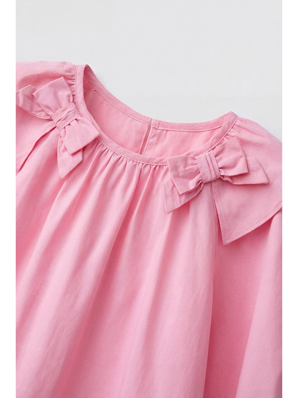 Pembe Kız Çocuk Pamuklu Pudra Fiyonk Detaylı Elbise - Uzun Kollu-3