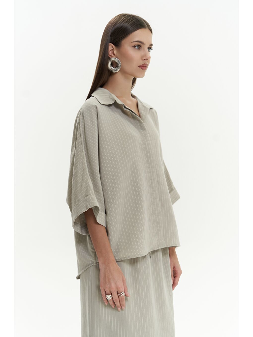 Dina Çizgili Gömlek Etek Soft Haki Takım-4