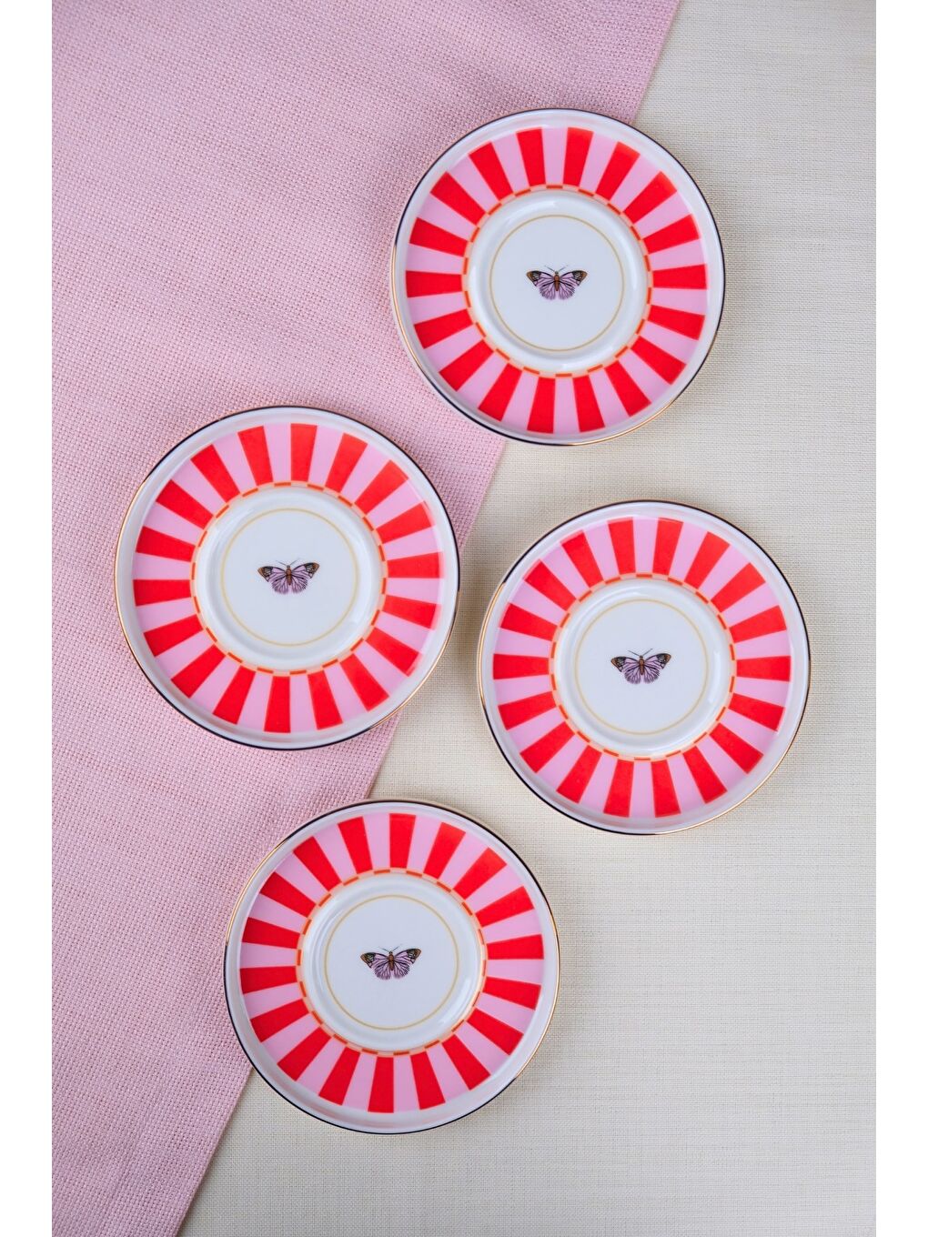 Karışık Porselen Butterfly Collection Altın Yaldızlı Çay Tabağı 11,8cm Kırmızı 4 lü-2