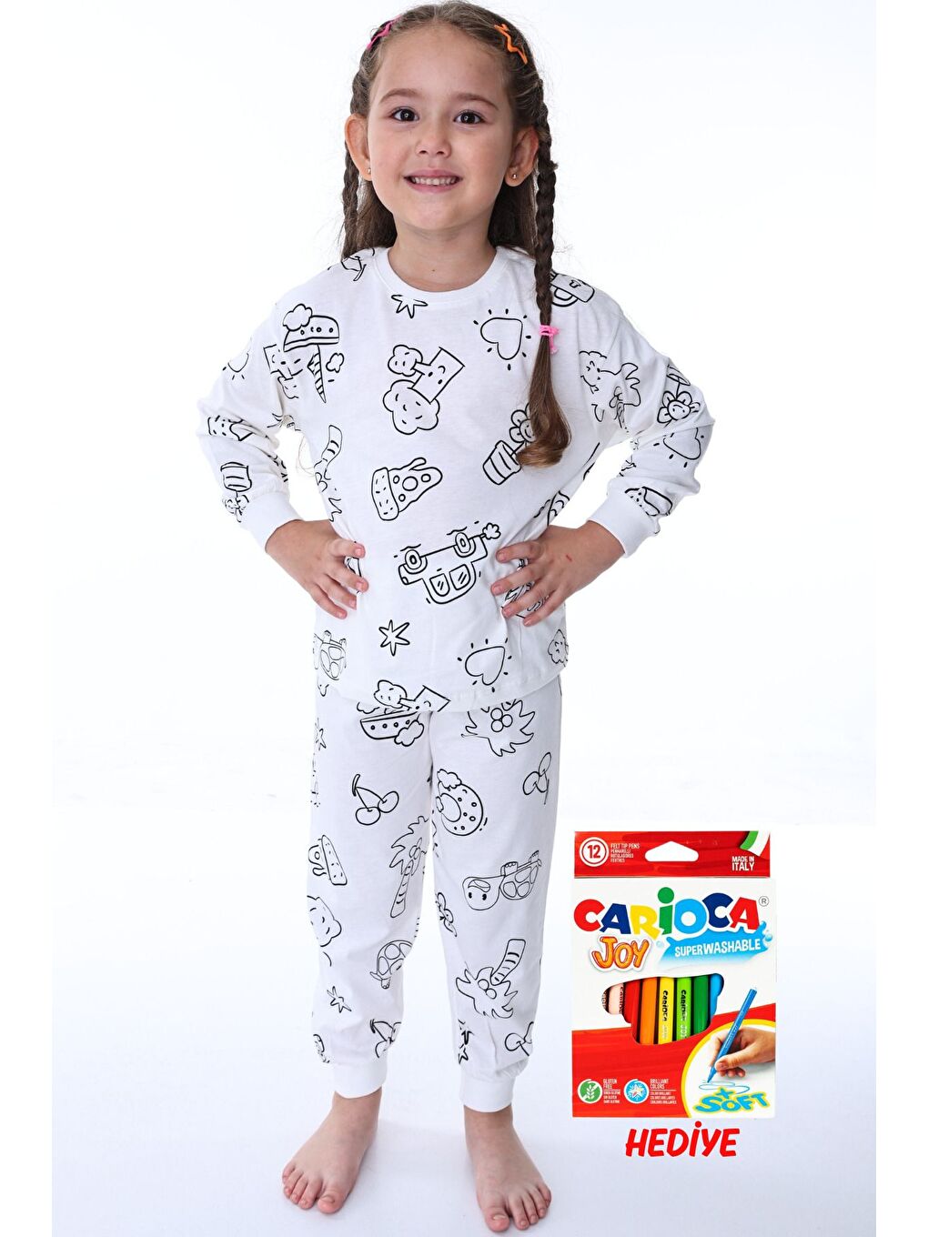 Beyaz En Sevimli Figürler Özel Kalemi ile BOYANABİLİR Çocuk Pijama Takımı ( 12'li Kalem Seti Hediye )-5