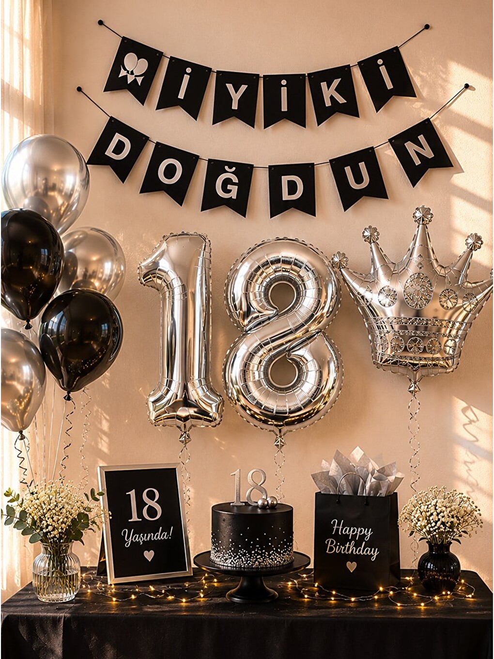 Karışık 18 Yaş Doğum Günü Dekorasyon Seti – Balonlu Parti Seti Siyah gümüş