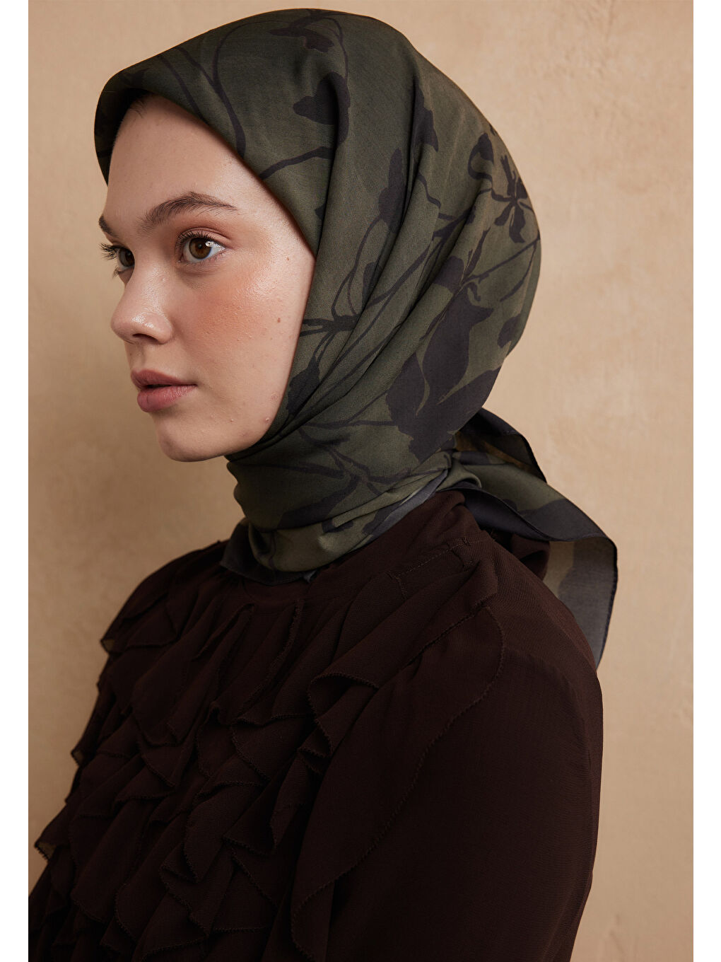 Dark Forest Desen Pamuk İpek Eşarp Derin Yeşil-1