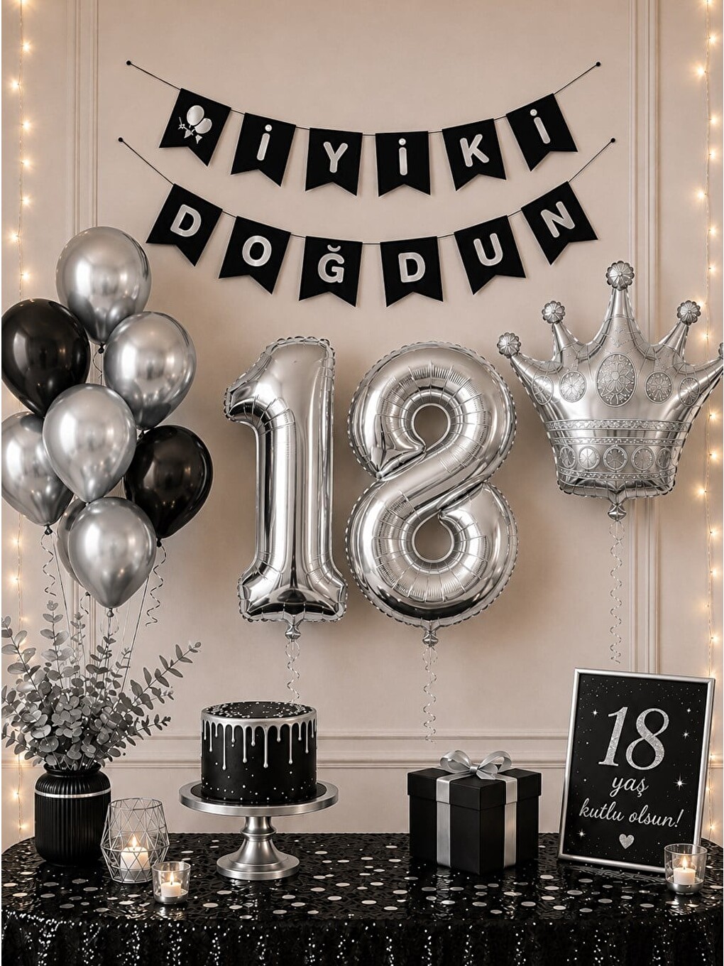 Karışık 18 Yaş Doğum Günü Dekorasyon Seti – Balonlu Parti Seti Siyah gümüş-1