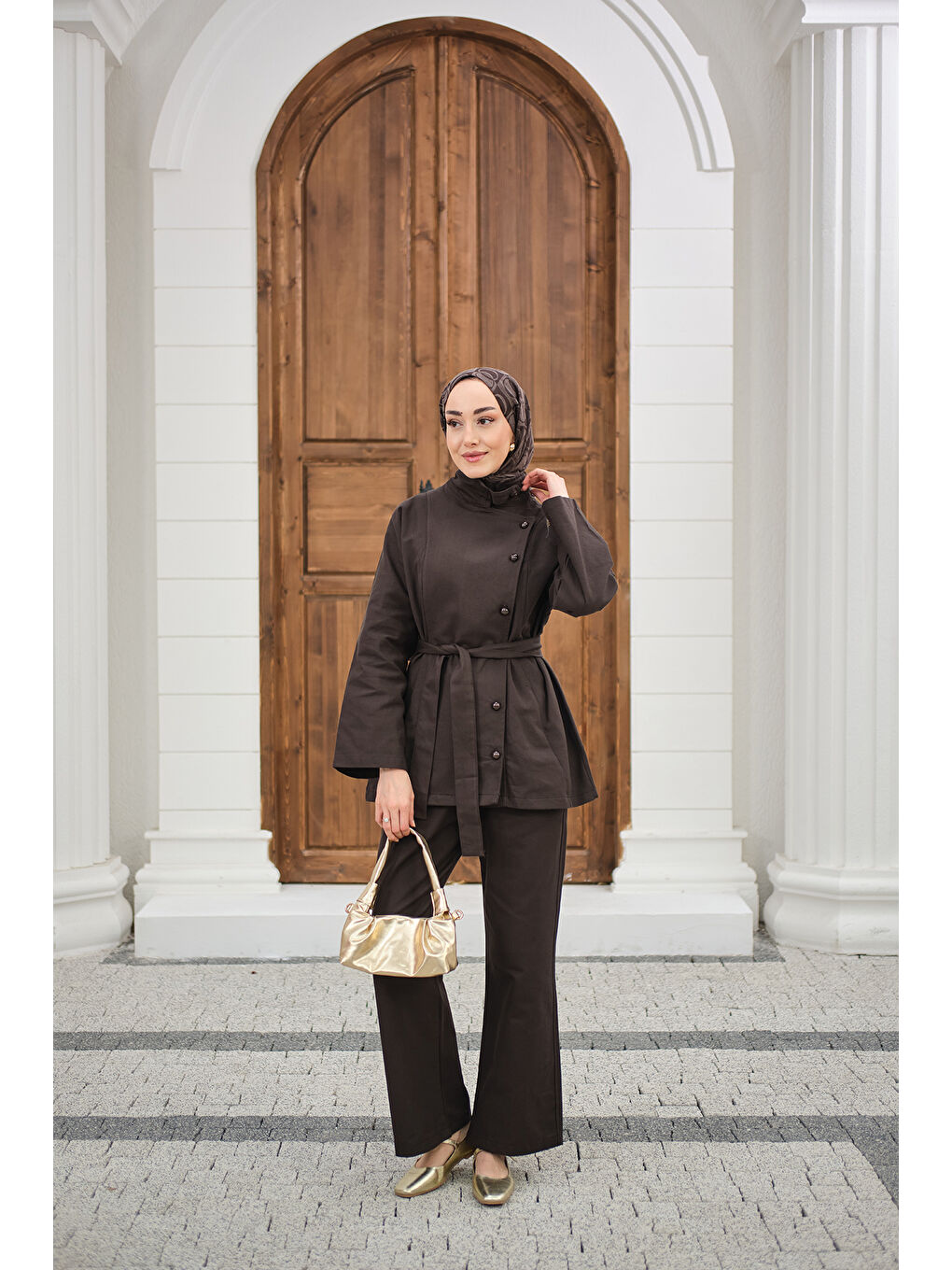 Kadın Boyun Düğme Detay Bel Bağlamalı Jean Takım Kahverengi