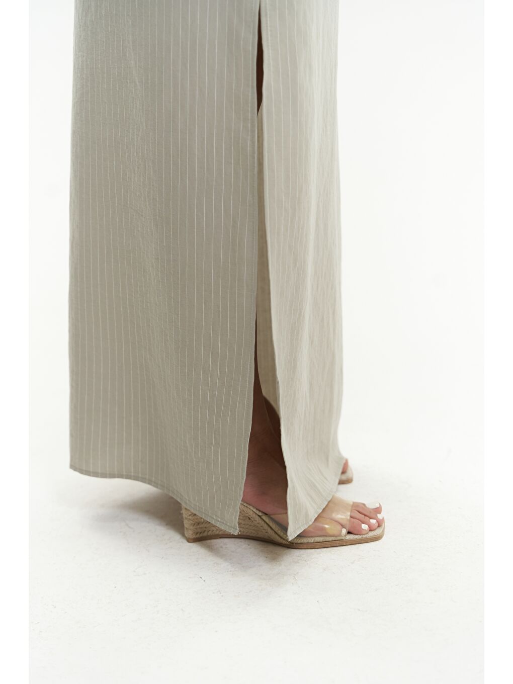 Dina Çizgili Gömlek Etek Soft Haki Takım-7