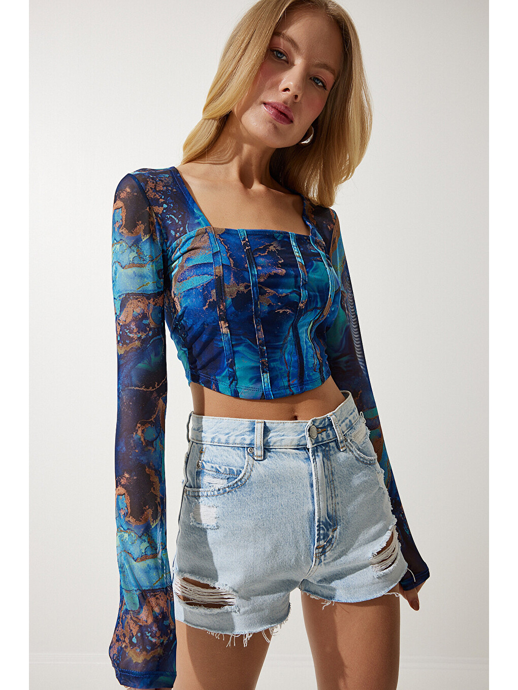 Mavi Desenli Crop Şifon Bluz MAVİ LAN0004-1