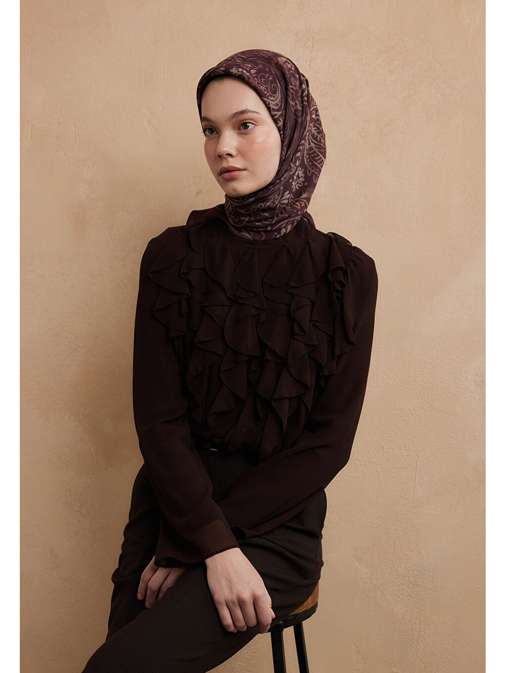 Mürdüm Fressıa Desen Pamuk İpek Eşarp Erik Çürüğü-1