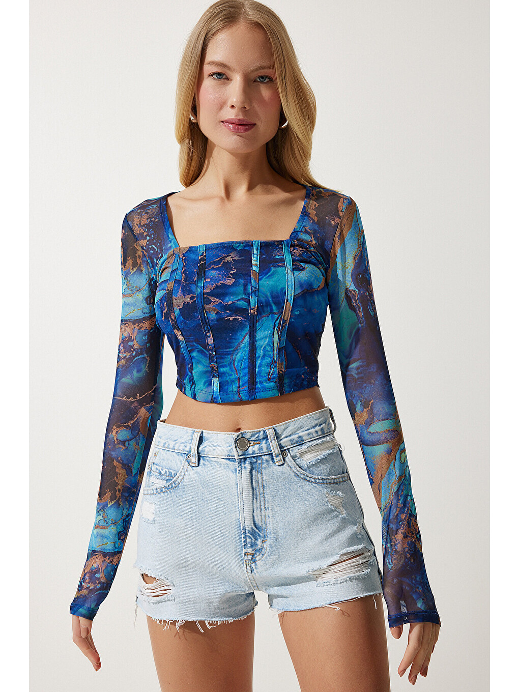 Mavi Desenli Crop Şifon Bluz MAVİ LAN0004-2