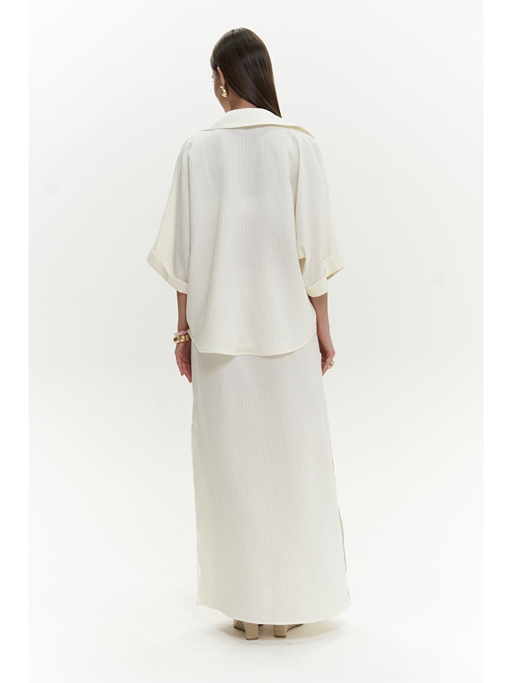 Dina Çizgili Gömlek Etek Ekru Takım-1