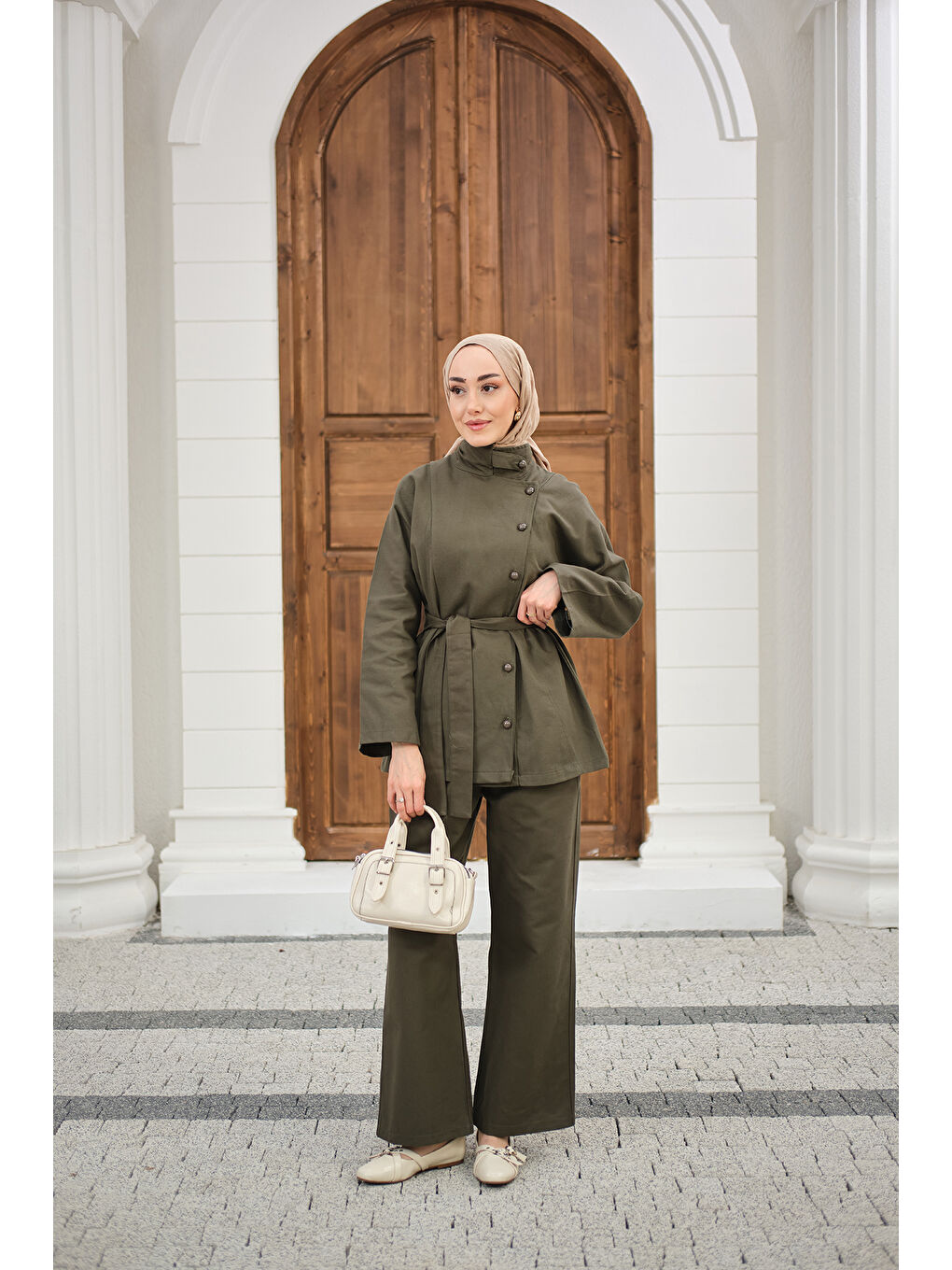 Kadın Boyun Düğme Detay Bel Bağlamalı Jean Takım Haki Yeşil-1