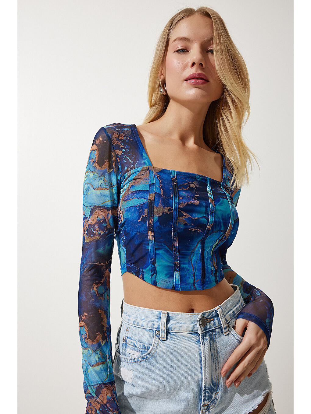 Mavi Desenli Crop Şifon Bluz MAVİ LAN0004-3