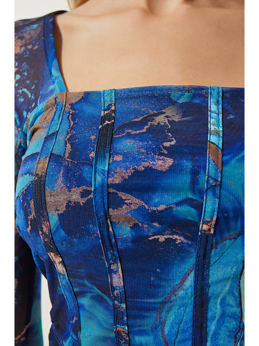 Mavi Desenli Crop Şifon Bluz MAVİ LAN0004-4