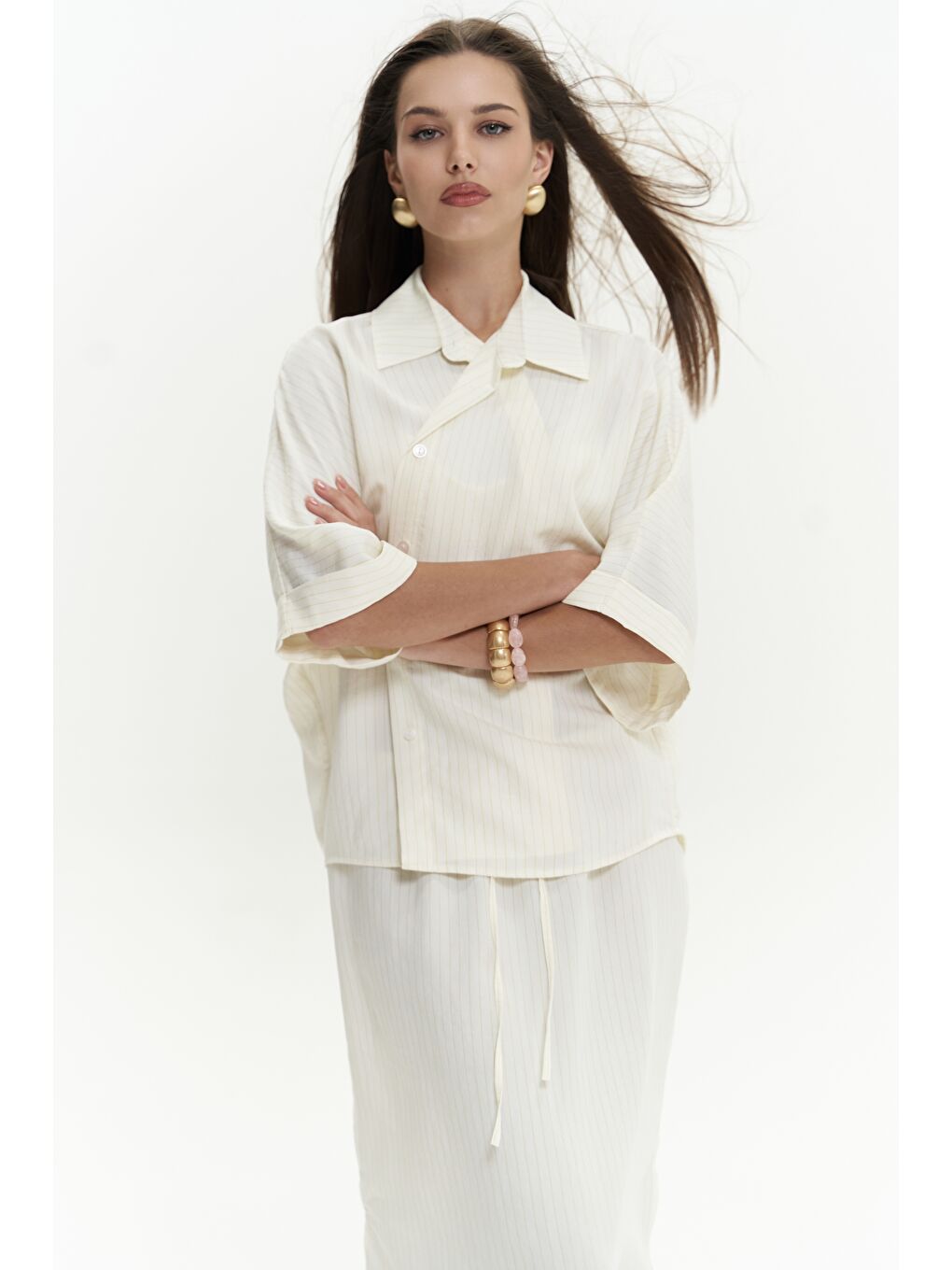 Dina Çizgili Gömlek Etek Ekru Takım-2