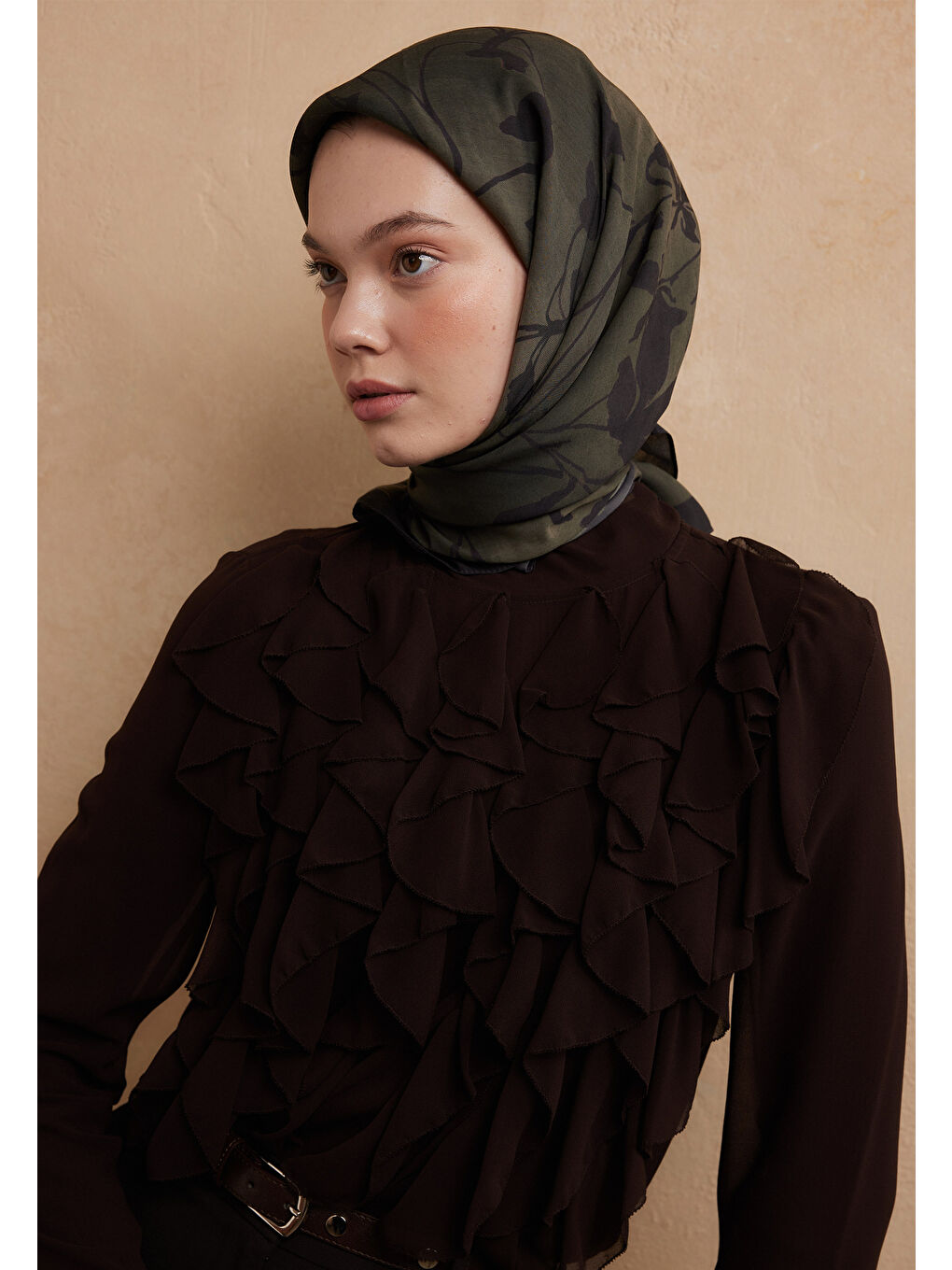 Dark Forest Desen Pamuk İpek Eşarp Derin Yeşil-2