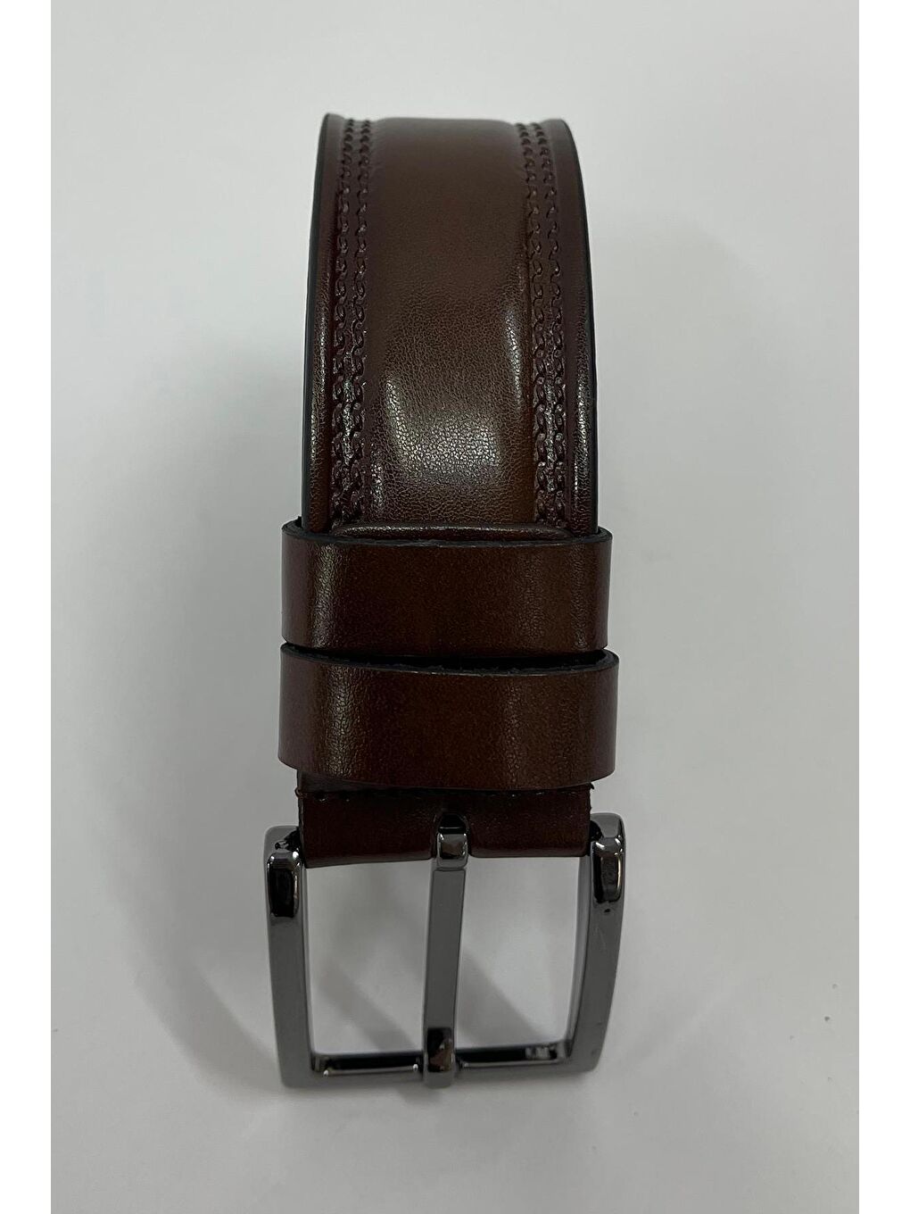 Kahverengi Suni Deri Çift Dikişli Düz Erkek Kemer 7221