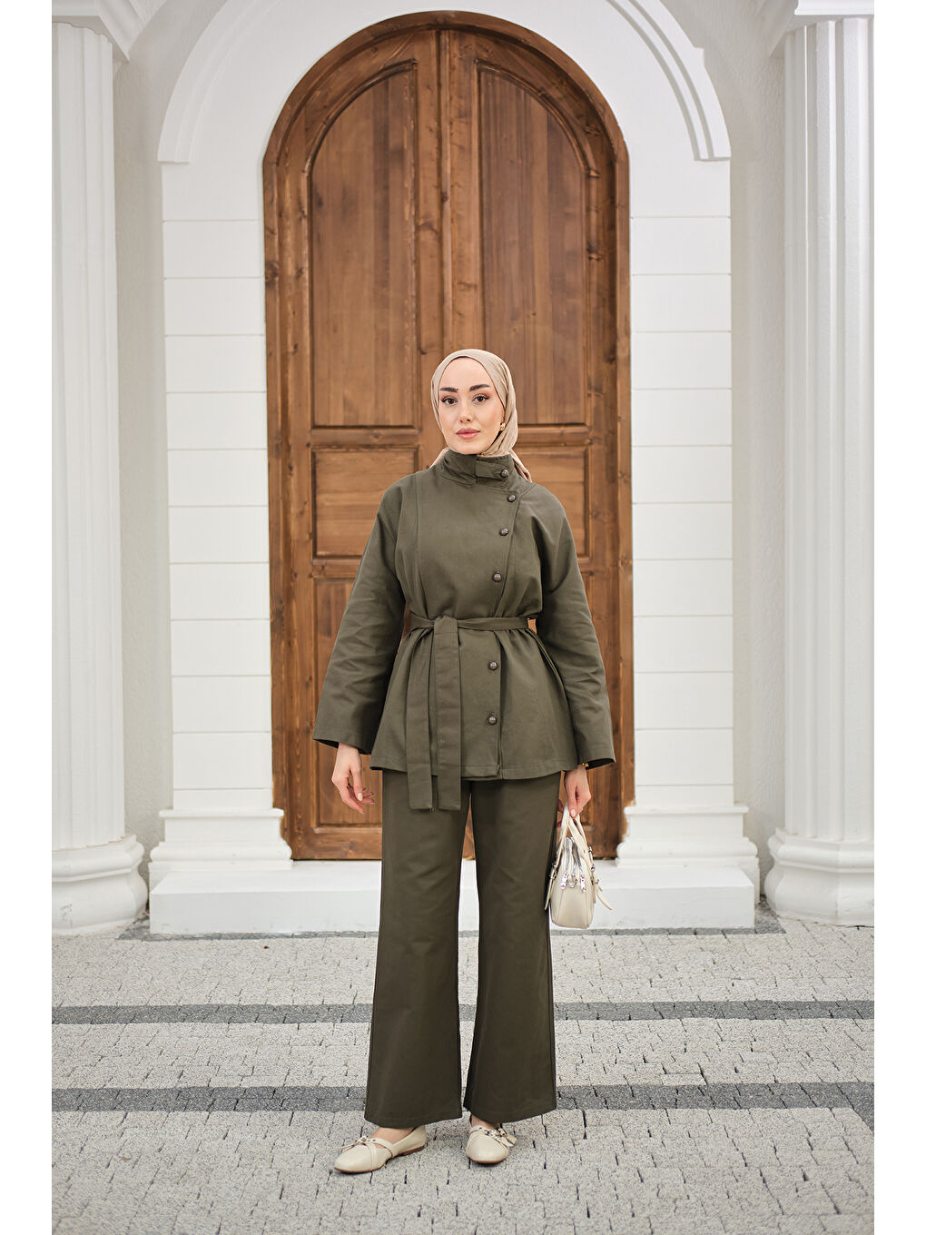Kadın Boyun Düğme Detay Bel Bağlamalı Jean Takım Haki Yeşil-2