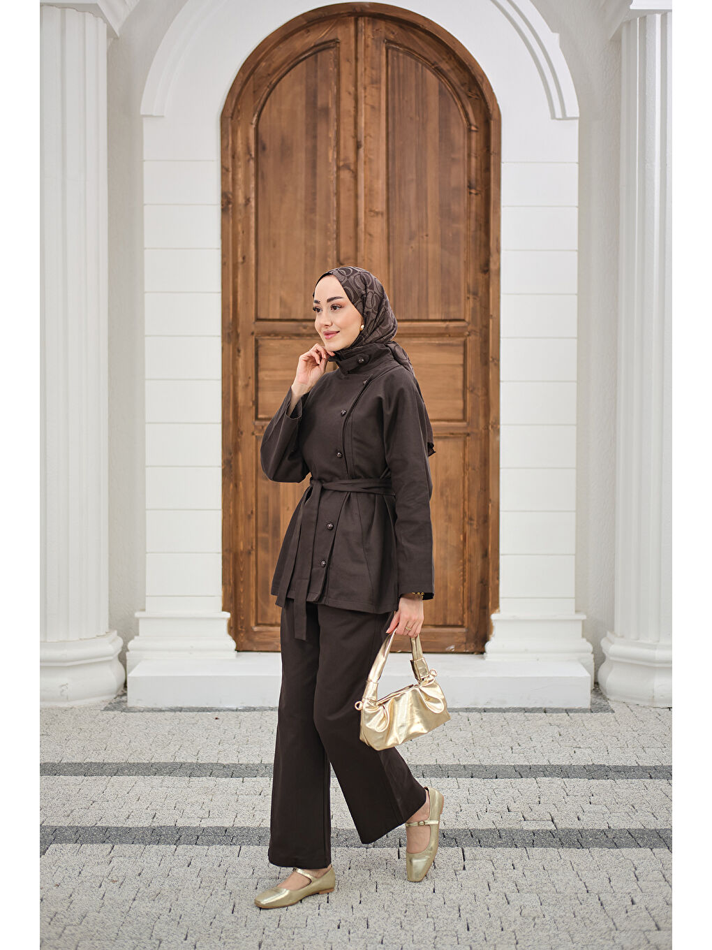 Kadın Boyun Düğme Detay Bel Bağlamalı Jean Takım Kahverengi-1