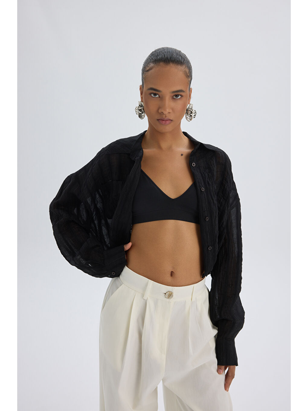 Claps İnce Siyah Kısa Gömlek-5