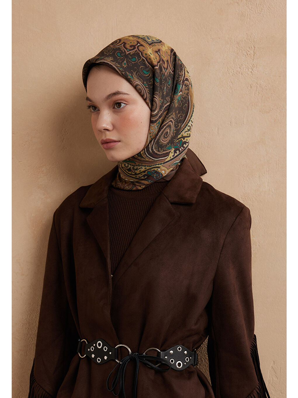 Kahverengi Vera Desen Pamuk İpek Eşarp Sıcak Kahve-1