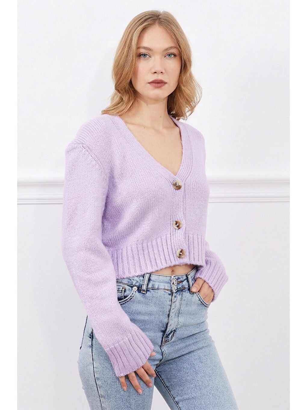 Lila Düğmeli V Yaka Triko Hırka-1