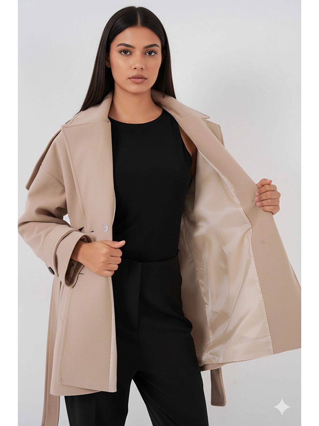 Bej Kadın Bisküvi Premium Midi Boy Astarlı Kaşe Kaban HZL25W-BD191571-1